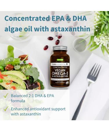 Pure & Essential Vegan Omega 3 Algae Oil | High EPA DHA Concentration | Sustainable & Pure with Astaxanthin | 600mg DHA & EPA for Heart, Brain & Eye Health | 60 Small Softgels - Buy Online on GoSupps.com