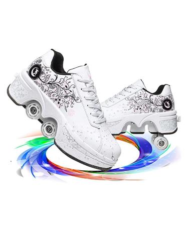 Double-Row Deform Wheel Automatic Walking Shoes Invisible Deformation Roller Skate 2 in 1 Removable Pulley Skates Skating Rollerskates Outdoor Parkour Shoes with Wheels for Girls Boys ,White flower,US