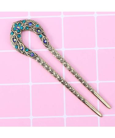 Frcolor Vintage Hair Stick - Crystal Rhinestone Double Prong Hairpin for Elegant Chignons (Blue) | International Shipping Available - Buy Online on GoSupps.com