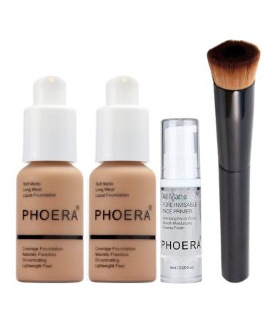Phoera Foundation Full Coverage Makeup Set - Includes x2 Sand 30ml Matte Foundation 6ml Face Primer & Liquid Foundation Brush for Easy Application