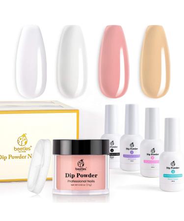 Beetles Nail Dip Powder kit with Activator Base Top Coat Gel 4 Colors Clear White Pink Nude French Tip Nails 0.6 oz/bot. Dip Powder Nail kit Starter for Home Salon French Manicure kit
