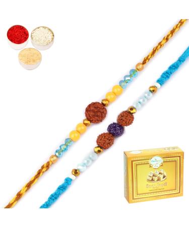 Ghasitaram Gifts Rakhi for Brother Rakhis Online - Set of 2-1906 and 1907 Rudraksh Rakhis with 200 GMS of Soan Papdi
