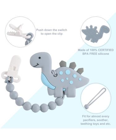 Dinosaur Teething Toy Set | Baby Teether Pain Relief + Pacifier Clip Holder | 3-12 Months | Freezer Safe | Neutral Shower Gift (Grey) - Buy Online on GoSupps.com
