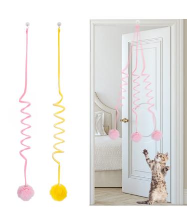 Fanshiontide 2 Packs Door Hanging Cat Toy Hanging Door Cat Plush Toy Teaser Toys Retractable Cat Toy Interactive Cay Toy with Bells for Indoor Cat Kitten Hunting Exercising(Pink+Yellow)