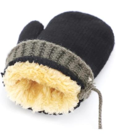Infant Toddlers Winter Mittens with Anti-Lost String | Cute Cartoon Gloves for Baby Girls Boys 0-3 Years | Dual Layers Plush Padded Knitted Gloves in Black - Buy Online on GoSupps.com