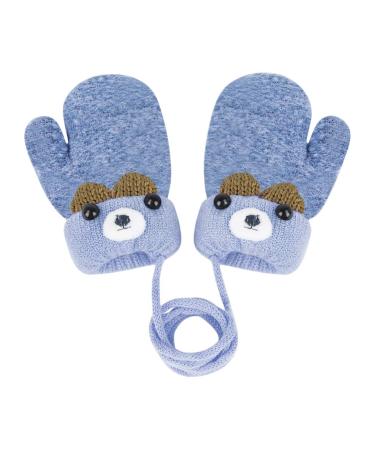 RUIXIA Kids Winter Knitted Gloves Cute Cartoon Bear Hang Neck Mittens Newborn Baby Warm Mitten Thicken Cashmere with Rope Mitten Thermal Full Finger Wrist Glove Boy Girl 0-3Y Gift Blue