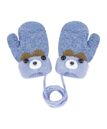 Toddler Kids Winter Warm Thick Plush Short Knitted Gloves With String for 1-3Yrs Blue/Bear