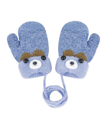 Cute Cartoon Toddlers Kids Knitted Gloves on String Winter Warm Mitten Gloves with Rope for Baby Boys Girls Thick Plush Fleece Lined Hand Warmer Full Finger Ourdoor Sport Thermal Hand Cover Blue