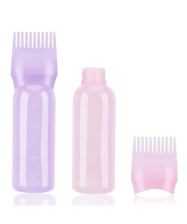 2pcs Hair Oil Applicator Bottle 60ml Hair Dye Brush Bottle Root Comb Applicator Bottle Pink+Purple Suitable for Salon Dry Cleaning Dyeing and Perming Plastic