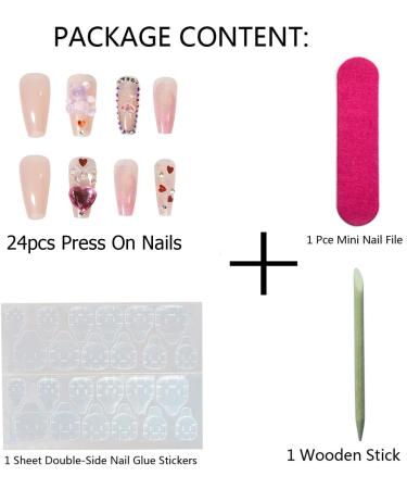Nude Heart Medium Acrylic Press on Fake Nails Set - 24 Bear Diamond Coffin False Nails with Glue Tabs | Glossy Full Cover Stick on Nails for Women - JP1360 - Buy Online on GoSupps.com