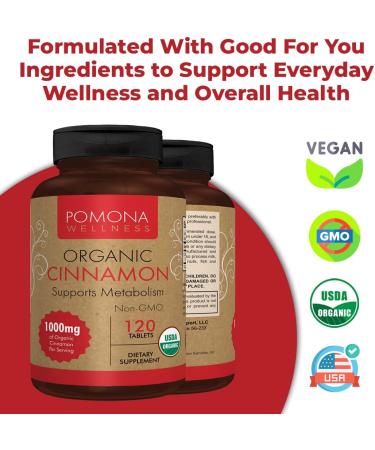 Pomona Wellness Organic Cinnamon Supplement 1000mg - Promotes Metabolism, Blood Sugar & Heart Health - USDA Organic & Non-GMO - 120 Tablets - Buy Online on GoSupps.com