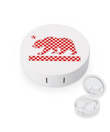 California Checker Bear Flag Cute Contact Lens Case Travel Portable Round Contact Storage Box Kit with Mirror for Daily Outdoor