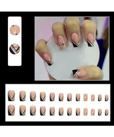 Justotry 24-Piece Glossy Black French Press Nails - Angular Star Design Artificial Fake Nails for Women - Stylish Square Fingernails - Buy Online on GoSupps.com