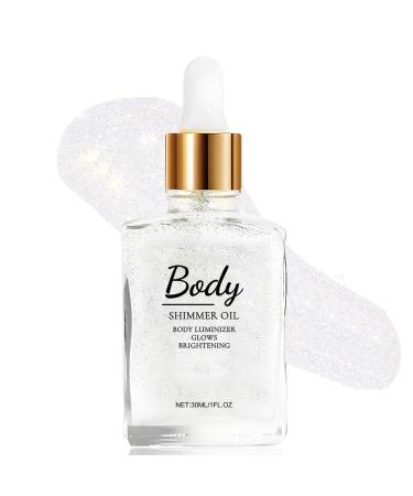 Body Shimmer Glitter Oil Highlighter Glitter Oil for Face Long Lasting Shine Illuminating Cheek Lip Makeup Body Glow Shimmer Lotion 30ml (Silver White)