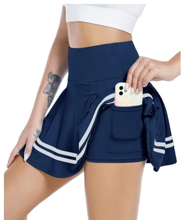 Pleated Tennis Skirt Womens Athletic Golf Skort Activewear Built-in Shorts Sport Outfits Workout Running Mini Skirts Medium Navy Blue