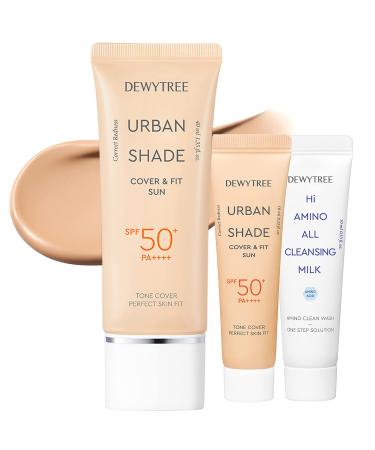 DEWYTREE Urban Shade Cover & Fit Sun SPF 50+ Pa++++ with Mini Size Sunscreen & Cleansing Milk (0.3oz.+0.3oz.) - Tinted Face Moisturizer - Powerful Fixing & Sebum Control  1.35oz.