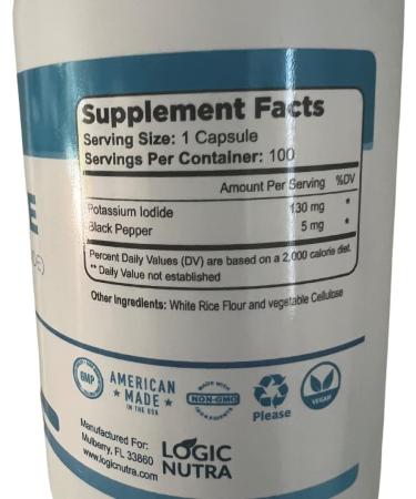 Logic Nutra Iodine (Potassium Iodide) 130mcg - 100 Vegetable Capsules for Thyroid Support & Cellular Metabolism - Buy Online on GoSupps.com