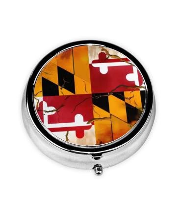 Vintage Wooden Maryland Flag Portable Metal Pill Box Round Mini 3-Compartment Plastic Insert hinged Fastening Design Suitable for Small Pills Must-Have for Travel Black