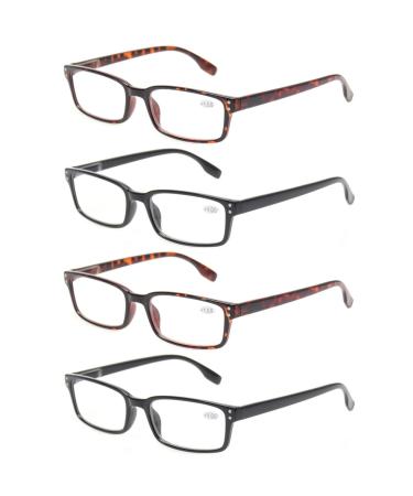 Kerecsen rectangular reading glasses for men retro style spring hinges comfortable reading glasses 4 pieces +1.75 Magnification 2 Black 2 turtle
