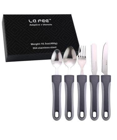 Weighted Utensils for Hand Tremors/Elderly/Weak Hand Grip & Handicapped, Non-Slip Handles for Hand Tremors, Stainless Steel Parkinsons Utensils (7 Pieces), Convenient Travel Pouch, Adult Bib