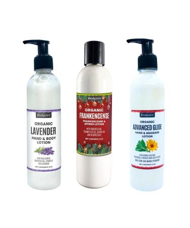 ibodycare Organic Lotion Gift Set 8 oz Bottles Lavender Hand & Body Frankincense & Myrrh Advanced Glide Massage 3-Pack