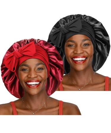 2 Pieces Adjustable Silky Hair Bonnet with Wide Elastic Tie Band Straps  Satin Sleeping Cap Jumbo Size for Women Hair Care Black+wine Red