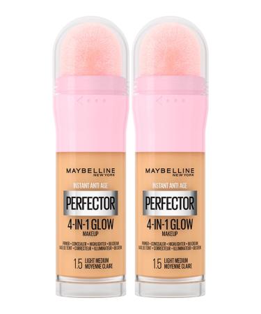 Maybelline New York Instant Age Perfector Glow 4-in-1 Concealer BB Cream Lightening Primer Color 1.5 Light Medium with Application Sponge – 2 Bottles of 20 ml