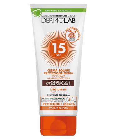 Dermolab - Sun cream for face and body medium protection SPF 15 with tanning accelerator contrasts skin aging and UVA rays water resistant tested