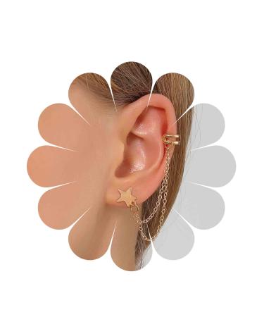 Boho Star Cartilage Chain Earrings Gold Long Chain Dangle Earrings Minimal Ear Cuff Chain Earrings Helix Lobe Chain Earrings Jewelry for Women and Girls