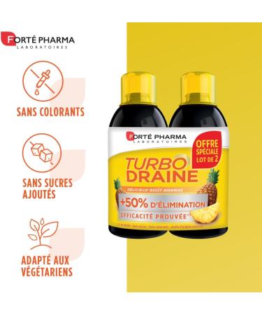 Fort Pharma - TurboDraine Pineapple - Slimming Drainer - Slimming Food Supplement - Green Tea Meadowsweet - Weight Loss - Pineapple Flavor - Pack 2x500ml - Buy Online on GoSupps.com