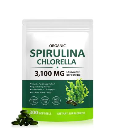 Tiuedu Spirulina Chlorella Softgels 300 Capsules 17 in 1 Green Nutrient Blend Spirulina Chlorella Softgels Rich in Plant Protein Vitamins Chlorophyll Easy to Take Softgel