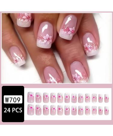 24Pcs Pink Flower French Tip Press-On Nails | Short Square Artificial Fake Nails for Women & Girls | Full Cover Stick-On Nail Art Supplies - Buy Online on GoSupps.com
