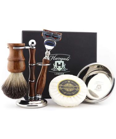 Haryali London Men's Wooden Shaving Set 5-Edge Razor Black Badger Brush Stand Bowl and Soap