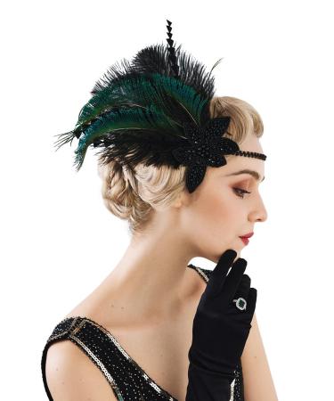SWEETV 1920s Flapper Headband  Rhinestone Feather Roaring 20s Great Gatsby Headpiece Hair Accessories for Women Black