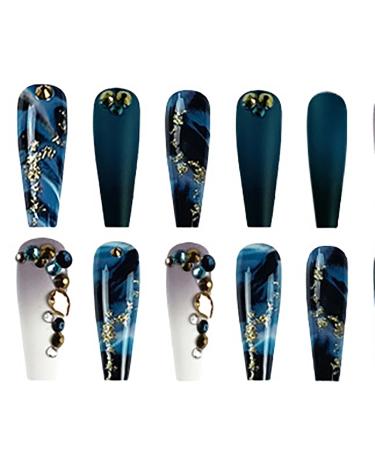 Coffin Press on Nails: Long Navy Blue Rhinestone False Nails with Glue - Full Cover Acrylic Gradient Designs for Women - Buy Online on GoSupps.com