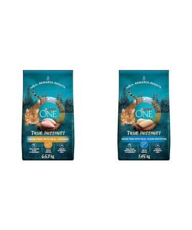 Purina ONE True Instinct Grain Free Dry Cat Food High Protein Chicken - 6.53 kg Bag & True Instinct Grain Free Dry Cat Food High Protein Ocean Whitefish - 1.45 kg Bag
