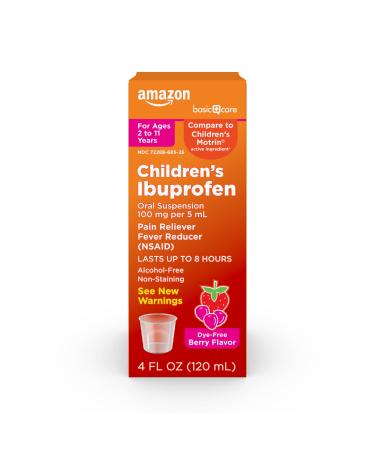Amazon Basic Care Children's Ibuprofen Oral Suspension Syrup 100 mg per 5 mL, Pain Reliever and Fever Reducer (NSAID), Non-Staining Dye-Free Berry Flavor, 4 fl oz (Pack of 1)