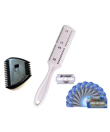 ALAZCO Combo Set, White Plastic Personal Double Edge Razor Comb Hair Beard Bikini Trimmer and Mini 3-Razor Black Plastic Manual Trimming Comes with 12 Extra Blades