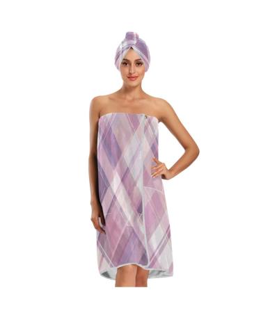 womens towel wrap Set of 3 Pastel Pink and Purple Tartan Plaid Adjustable quick dry spa body wraps women for (User) (Scenario) (Scenario)