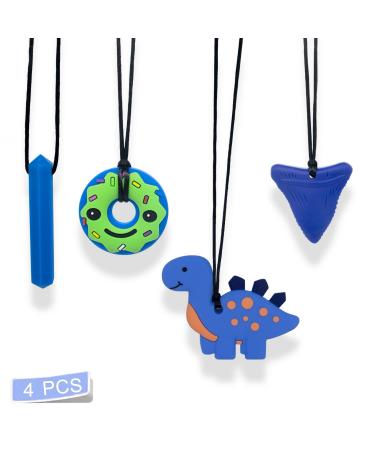 Sensory Chew Necklace for Autism Teething Anxiety Biting Needs Sore Gums Pain Relief ADHD Silicone Chewy Teether Oral Motor Chewing Pendant Toys with Adjustable Buckle for Kids Boys Blue