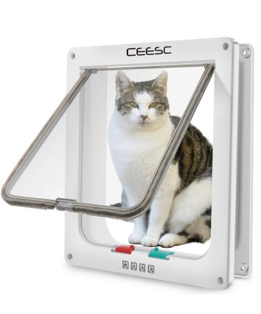 CEESC Extra Large Cat Door (Outer Size 11" x 9.8"), 4 Way Locking Large Cat Door for Interior Exterior Doors, Weatherproof Pet Door for Cats & Doggie with Circumference  24.8" (White)