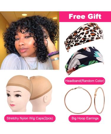 Short Curly Human Hair Wig with Bangs for Black Women - Brazilian Remy, 200 Density, 14 Inch Natural Color - Buy Online on GoSupps.com