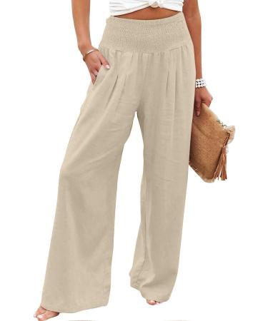 JEGULV Linen Pants for Women - High Waist Wide Leg Palazzo Lounge Pants - Khaki - Small - Buy Online on GoSupps.com