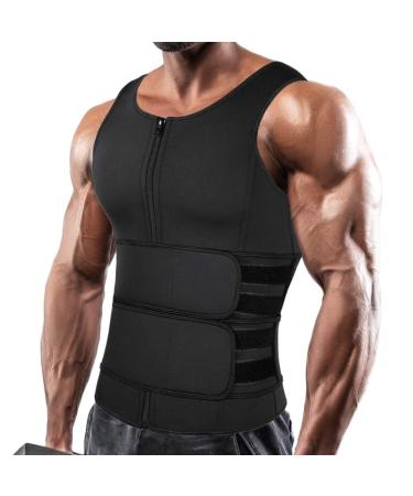 SHAPERIN Men Neoprene Sauna Zipper Waist Trainer Vest Tank Top Trimmer Body Shaper with Two Belt Black Large