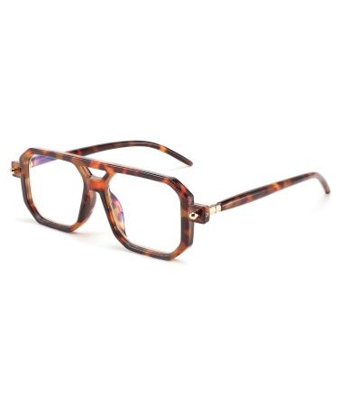 Feizedy retro 70s 80s blueprint linish women men flat rectangular glasses without starch blocked blue light computer glasses B0062 leopard