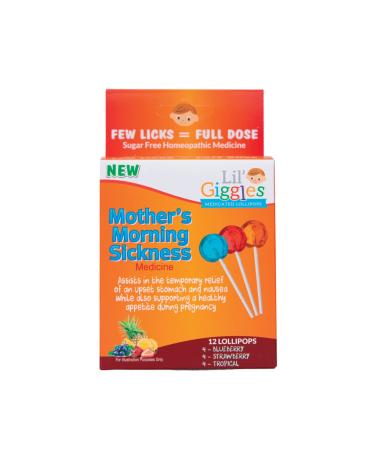 Lil' Giggles Mom's Medicated Lollipops - Gentle Relief for Mom's Morning Sickness and Nauseas - Non-Drowsy - Blueberry Strawberry and Tropical 12 CT
