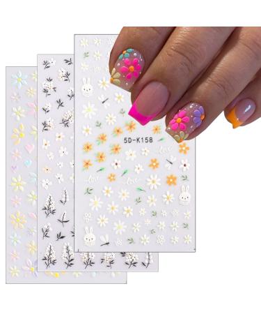 Daisy Embossed Nail Art Stickers  5D Realistic Spring Flower Nail Decals Summer Nail Decorations Supplies 5D Daisy Leaf Rabbit Cute Design Self-Adhesive Nail Polish Stickers for Women Girls 3 Sheets