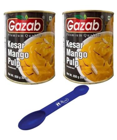 (Pack of 2) Gazab Premium Quality Kesar Mango Pulp Sweetened 850g 30 oz (Free Miras 2-in-1 Measuring Spoon Included!)