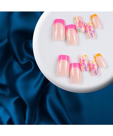Hot Pink French Flower Press on Nails - 24Pcs Full Cover False Nails with Glue for Women & Girls | Square Stick on Nails - Buy Online on GoSupps.com