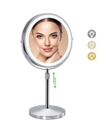 Lighted Makeup Mirror with 3 Color Lights  Height Adjustable 10x Rechargeable Magnifying Mirror with Light Light Up Mirror with Magnification Led Cosmetic Vanity Mirror with Touch Control (Silver) 2000mah Chrome